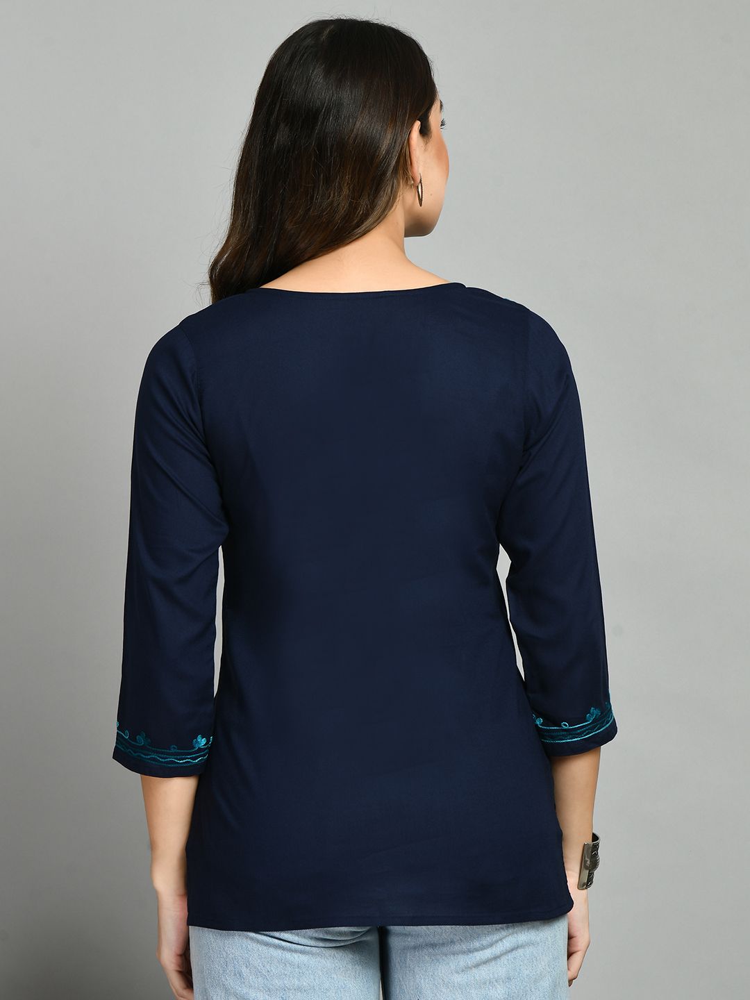 Blue Straight Viscose Rayon Kurti – Keyhole Neck – Aari Embroidered