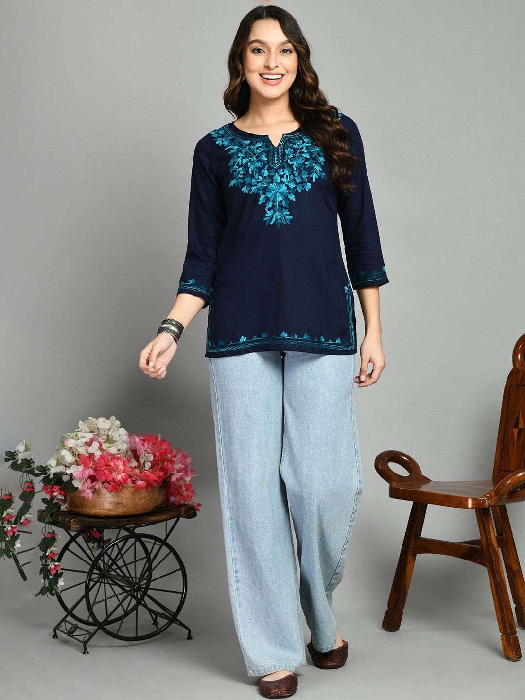 Blue Straight Viscose Rayon Kurti – Keyhole Neck – Aari Embroidered