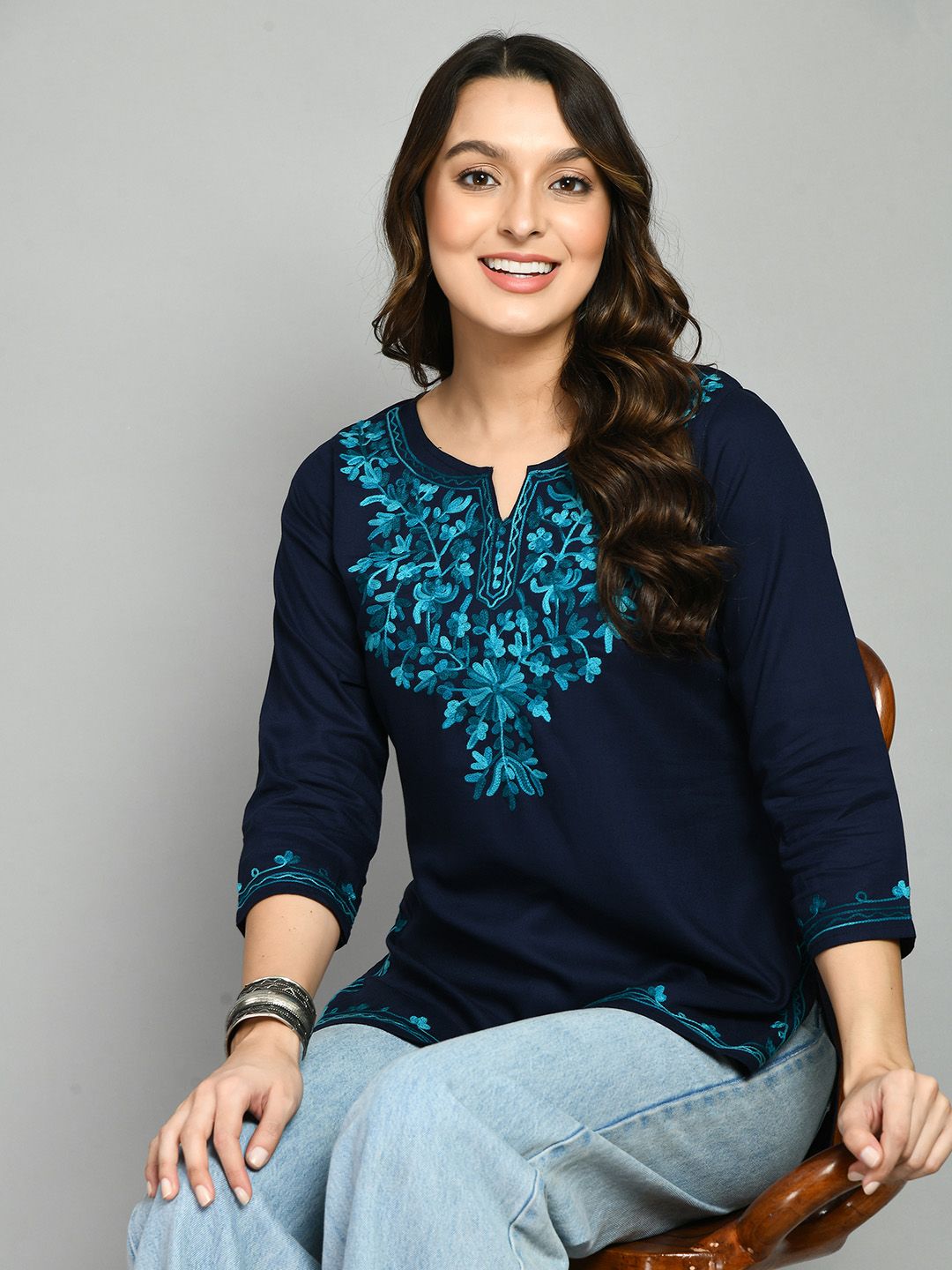 Blue Straight Viscose Rayon Kurti – Keyhole Neck – Aari Embroidered
