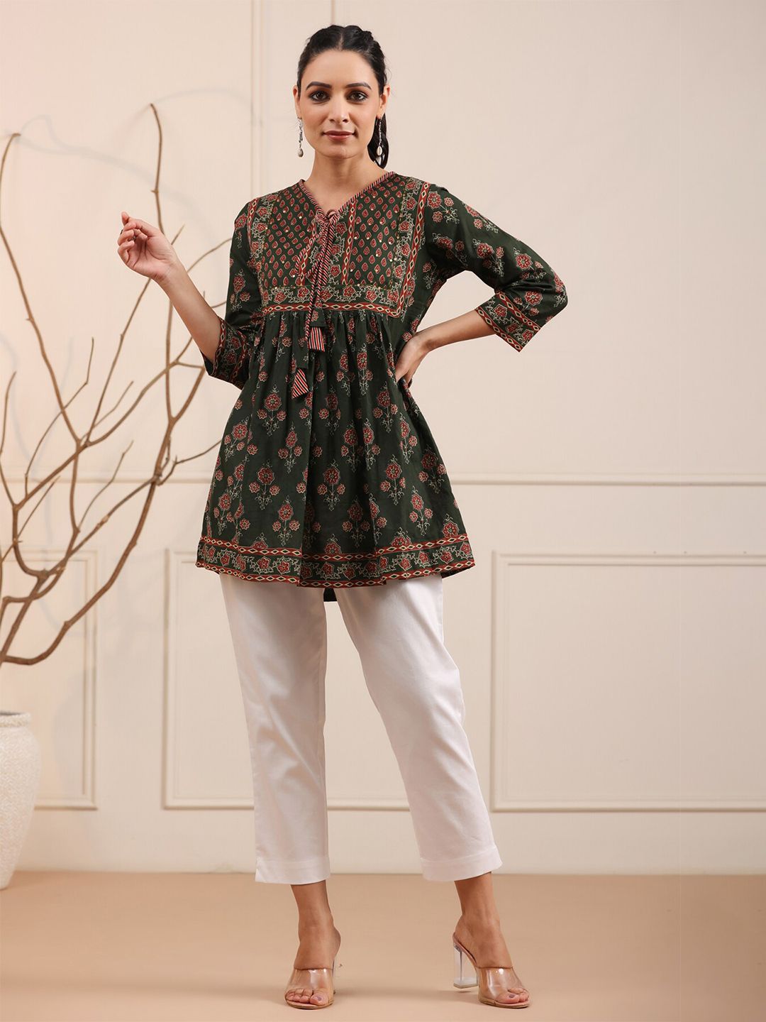 Green & Maroon A-Line Pure Cotton Kurti – Tie-Up Neck – Sequinned & Floral Printed