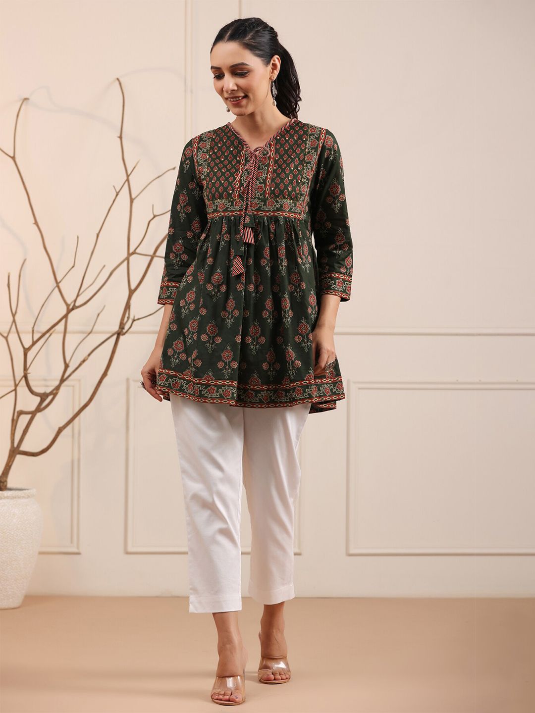 Green & Maroon A-Line Pure Cotton Kurti – Tie-Up Neck – Sequinned & Floral Printed
