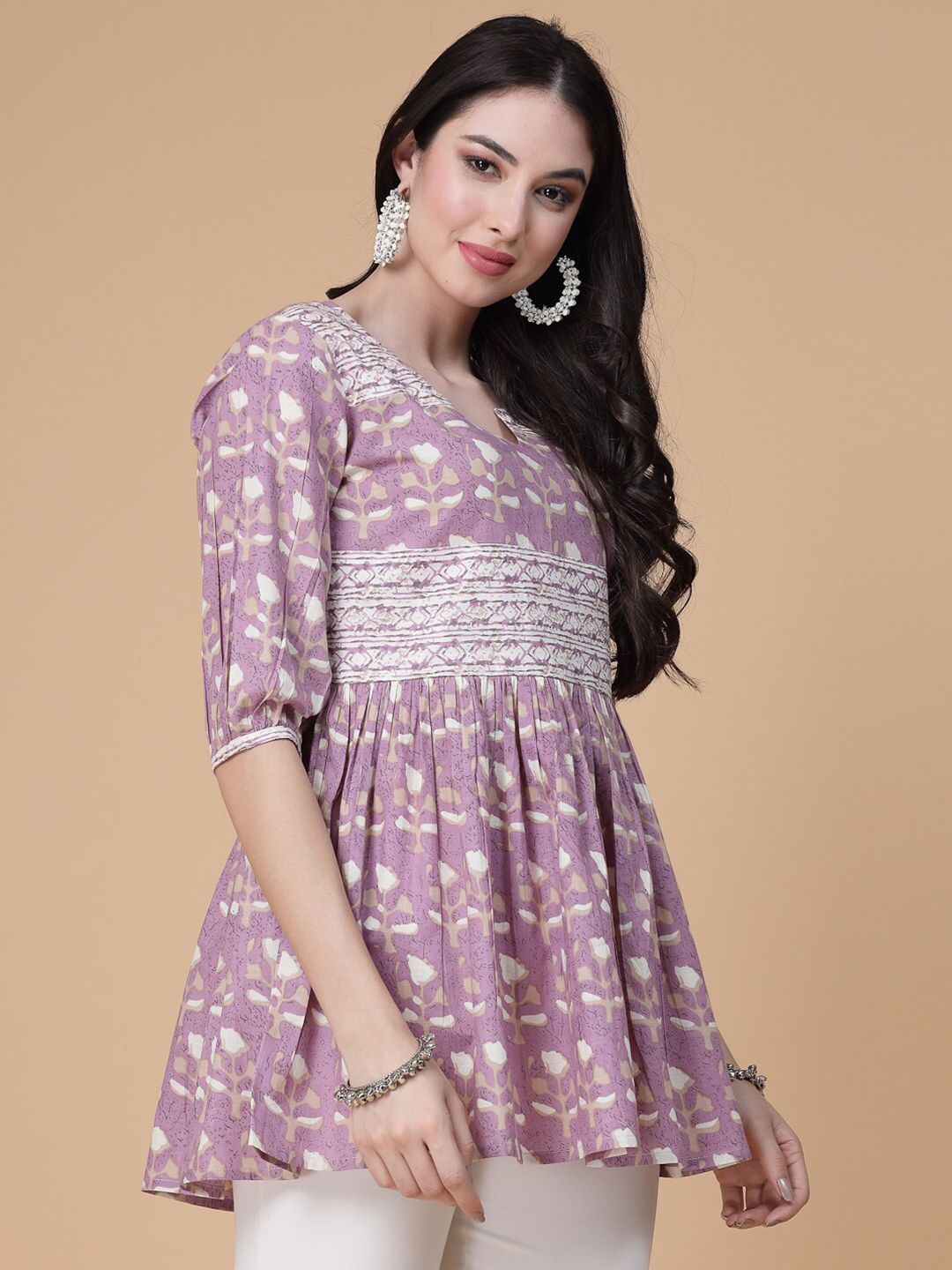 Pink & White Floral Printed Pure Cotton A-Line Kurti – Round Neck – Puff Sleeves