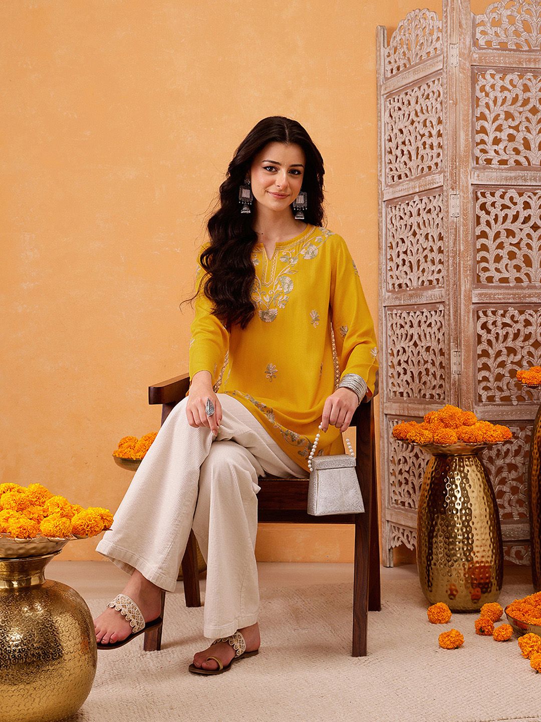 Mustard Yellow A-Line Viscose Rayon Kurti – Keyhole Neck – Aari Embroidered