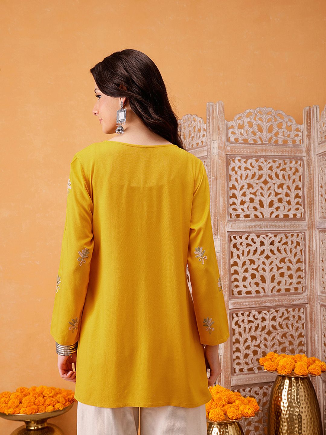 Mustard Yellow A-Line Viscose Rayon Kurti – Keyhole Neck – Aari Embroidered