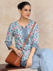 Blue & White Straight Pure Cotton Kurti – Round Neck – Floral Printed