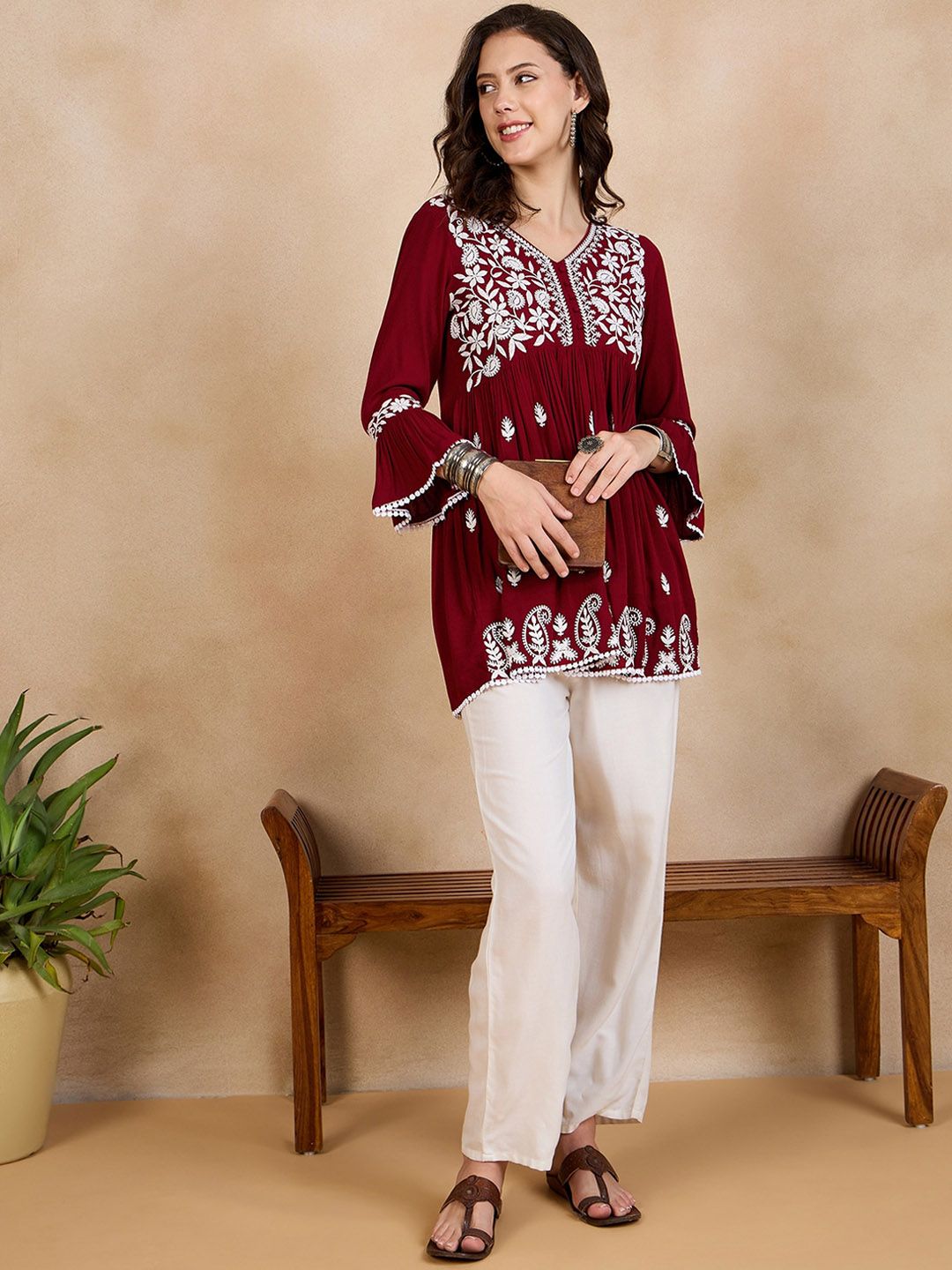 Red & White A-Line Viscose Rayon Kurti – V-Neck – Floral Embroidered