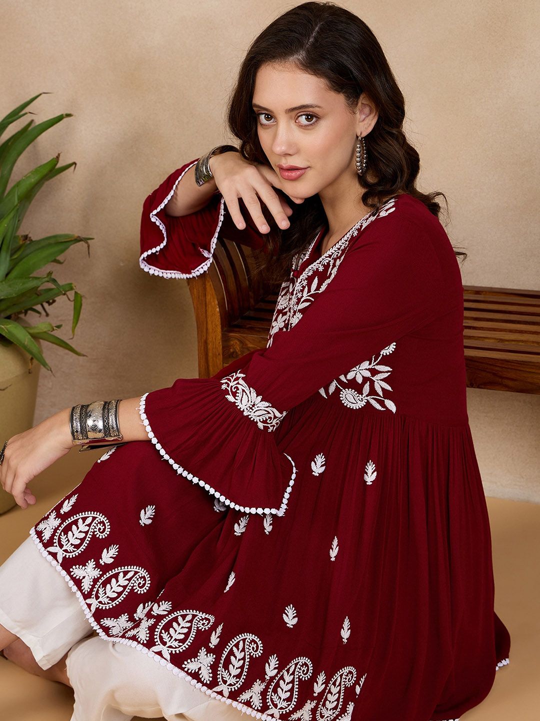 Red & White A-Line Viscose Rayon Kurti – V-Neck – Floral Embroidered
