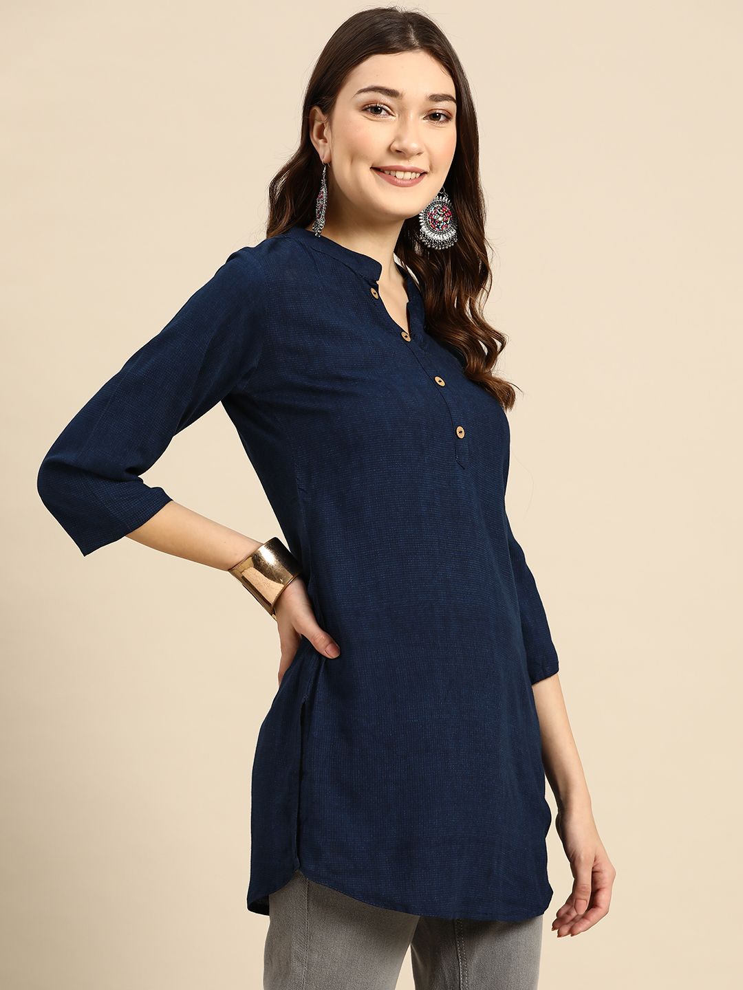Navy Blue Straight Viscose Rayon Kurti – Mandarin Collar – Printed