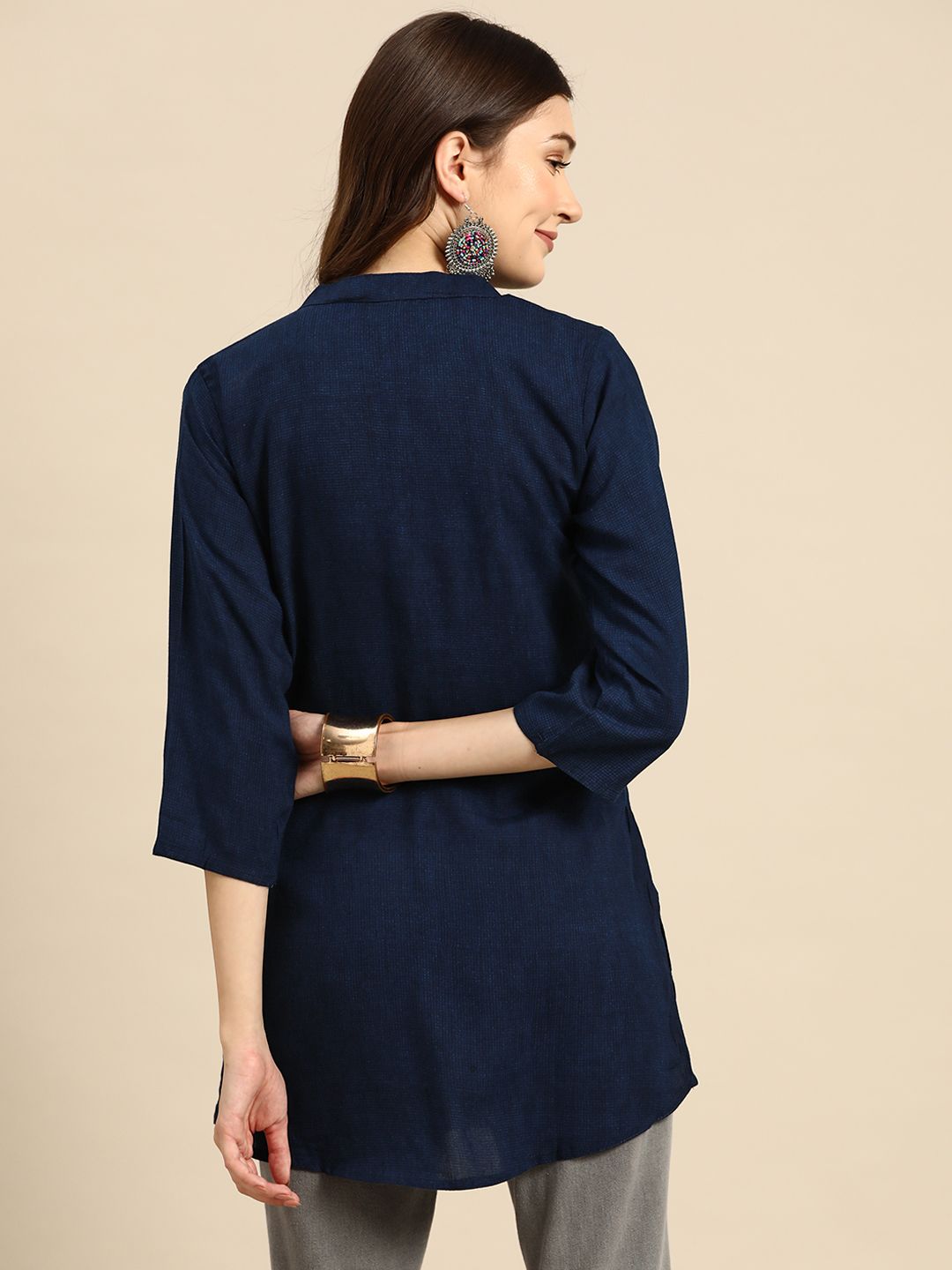 Navy Blue Straight Viscose Rayon Kurti – Mandarin Collar – Printed