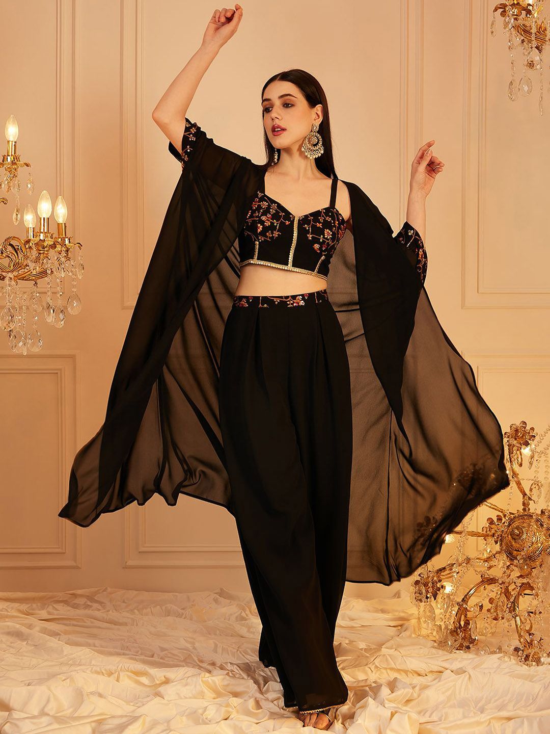 Black Embroidered Poly Georgette Co-Ord Set – Sweetheart Neck – Zip Closure