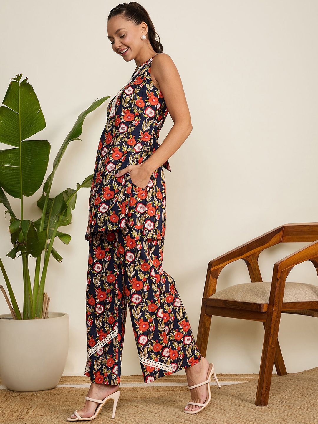 Navy Blue & Red Floral Printed Pure Cotton Co-Ord Set – Halter Neck – Sleeveless