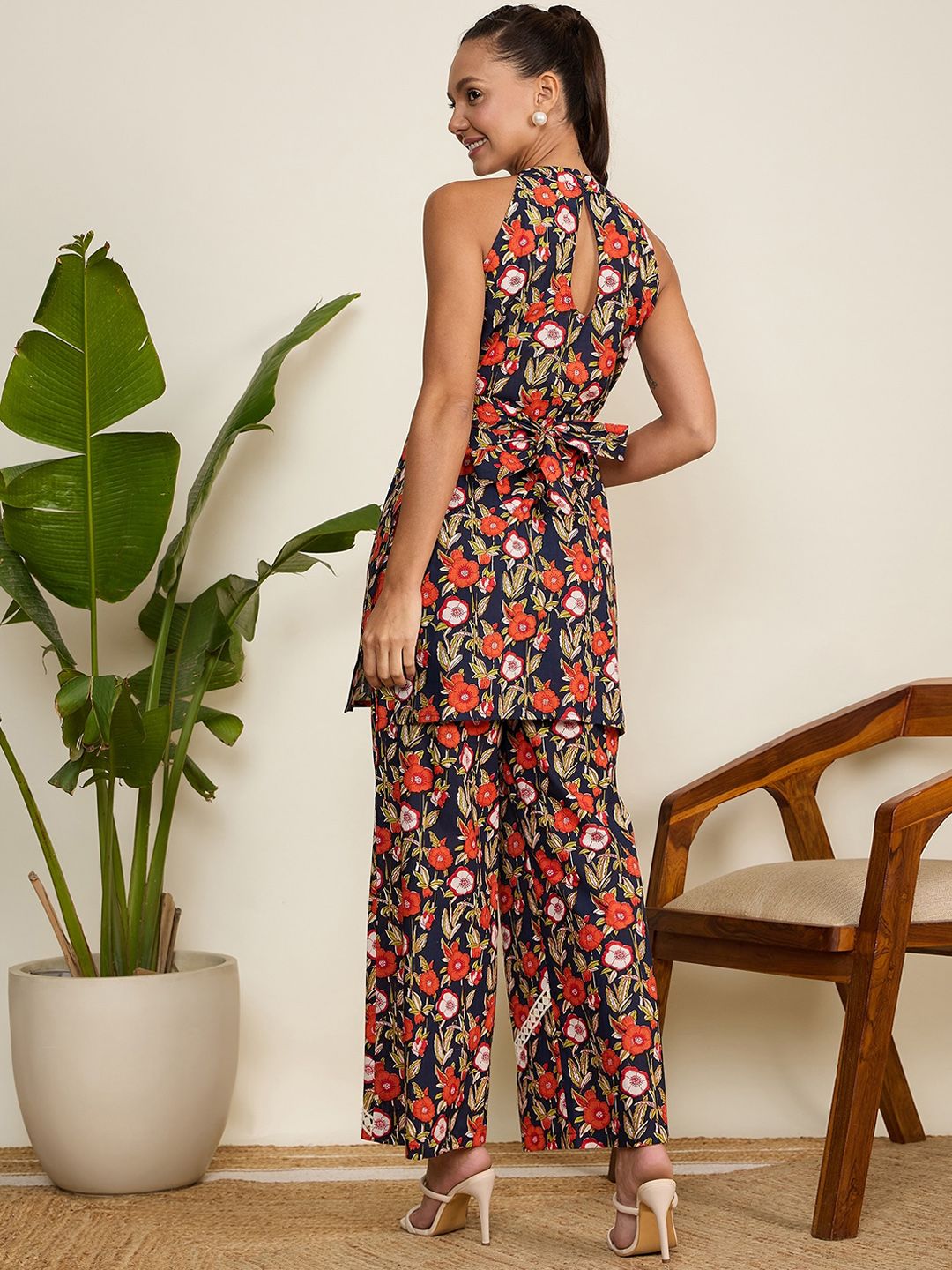 Navy Blue & Red Floral Printed Pure Cotton Co-Ord Set – Halter Neck – Sleeveless
