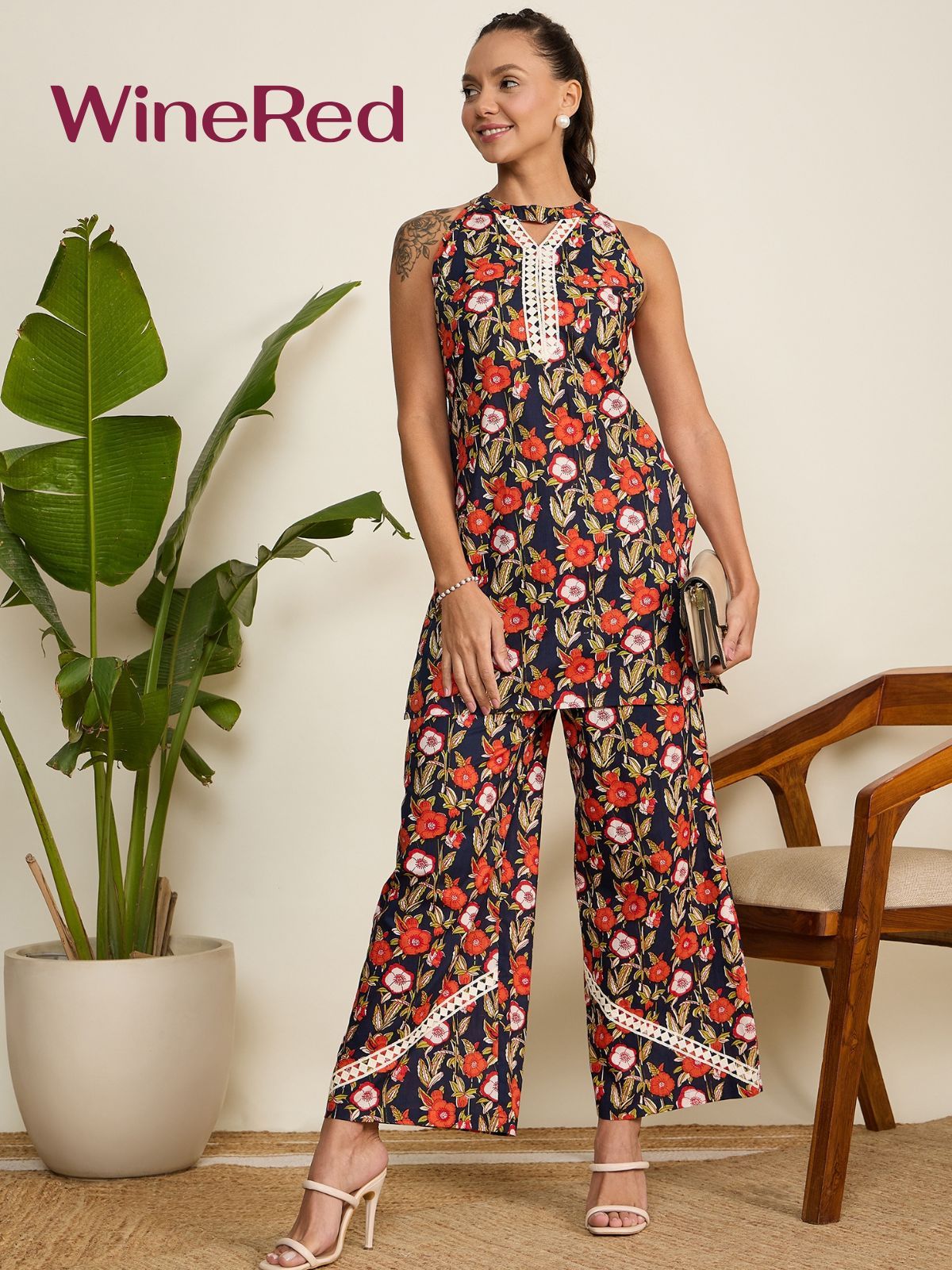 Navy Blue & Red Floral Printed Pure Cotton Co-Ord Set – Halter Neck – Sleeveless
