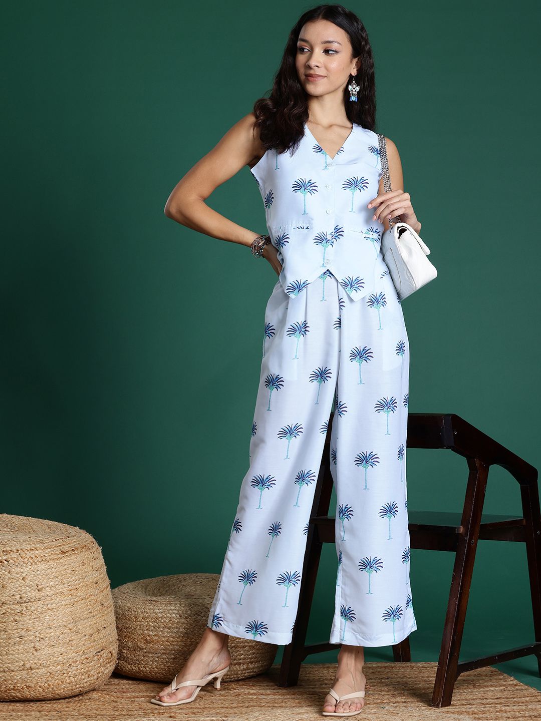 Printed Polyester Co-Ord Set – V-Neck Waistcoat Top – Button Detail