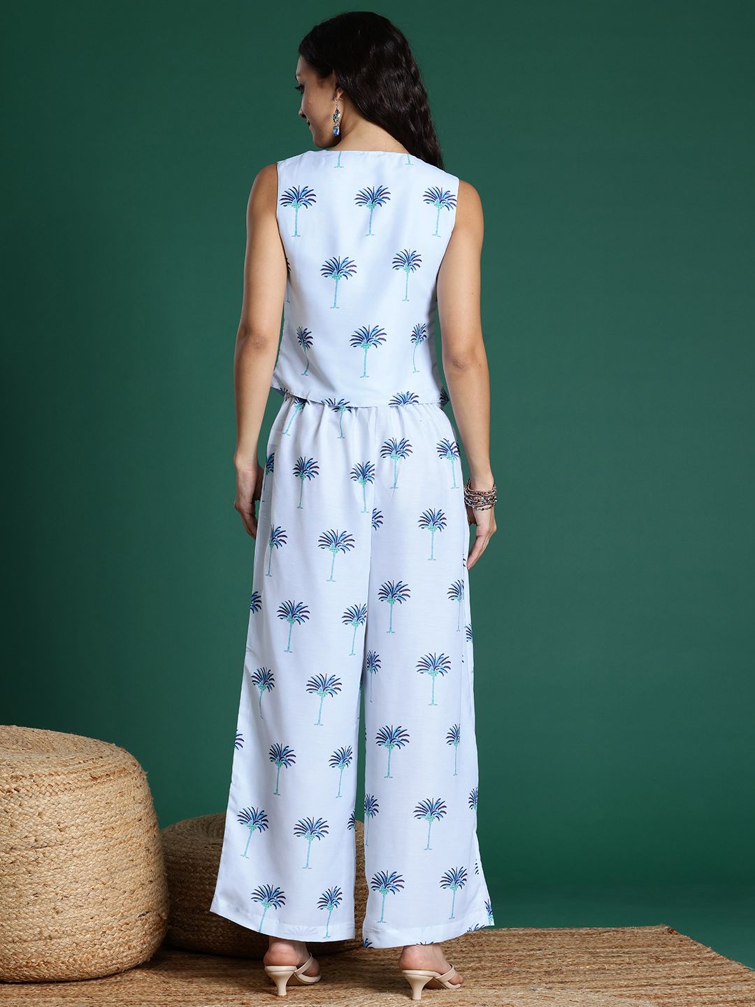 Printed Polyester Co-Ord Set – V-Neck Waistcoat Top – Button Detail