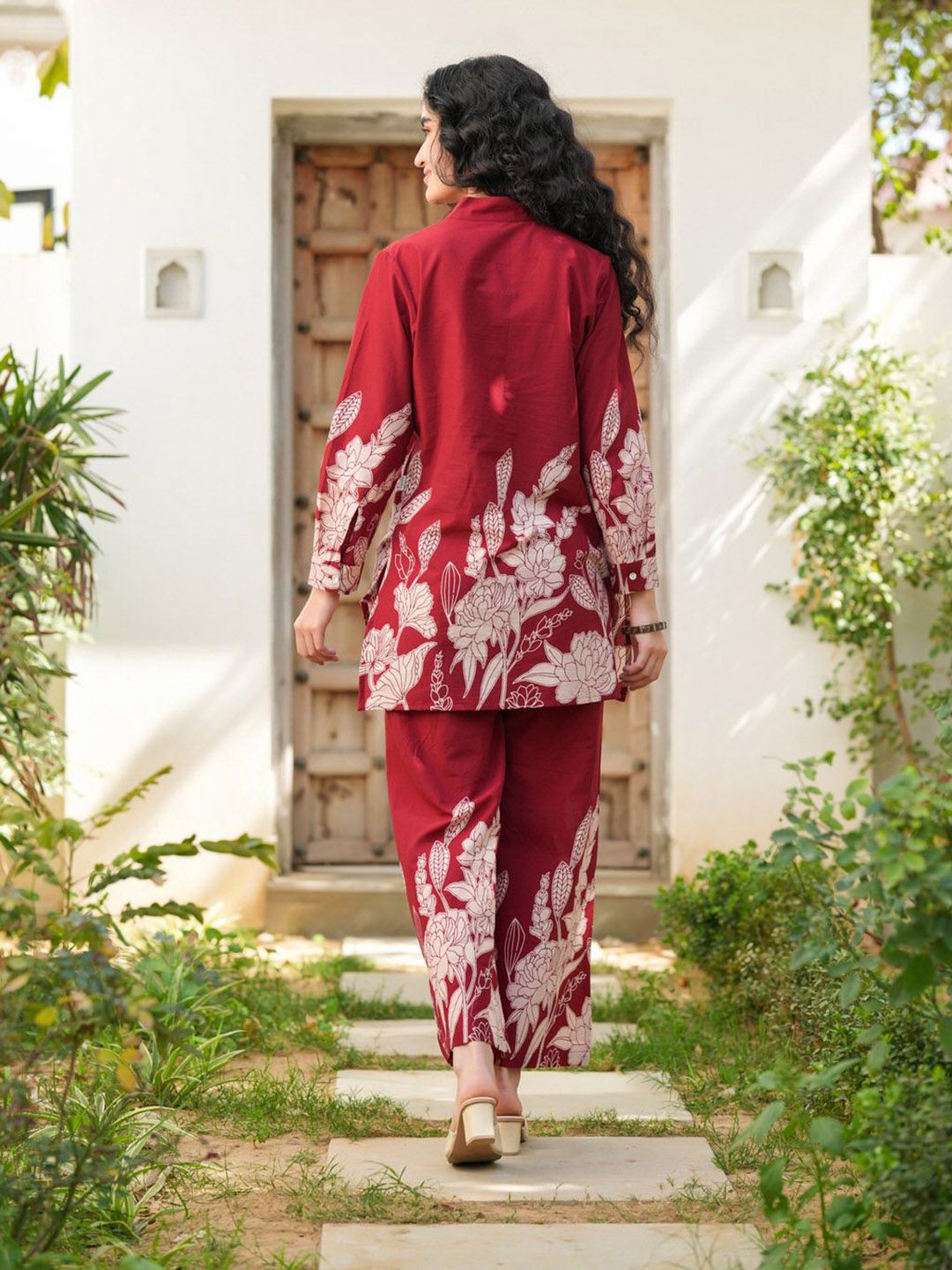 Red Printed Cotton Co-Ord Set – Mandarin Collar – Printed