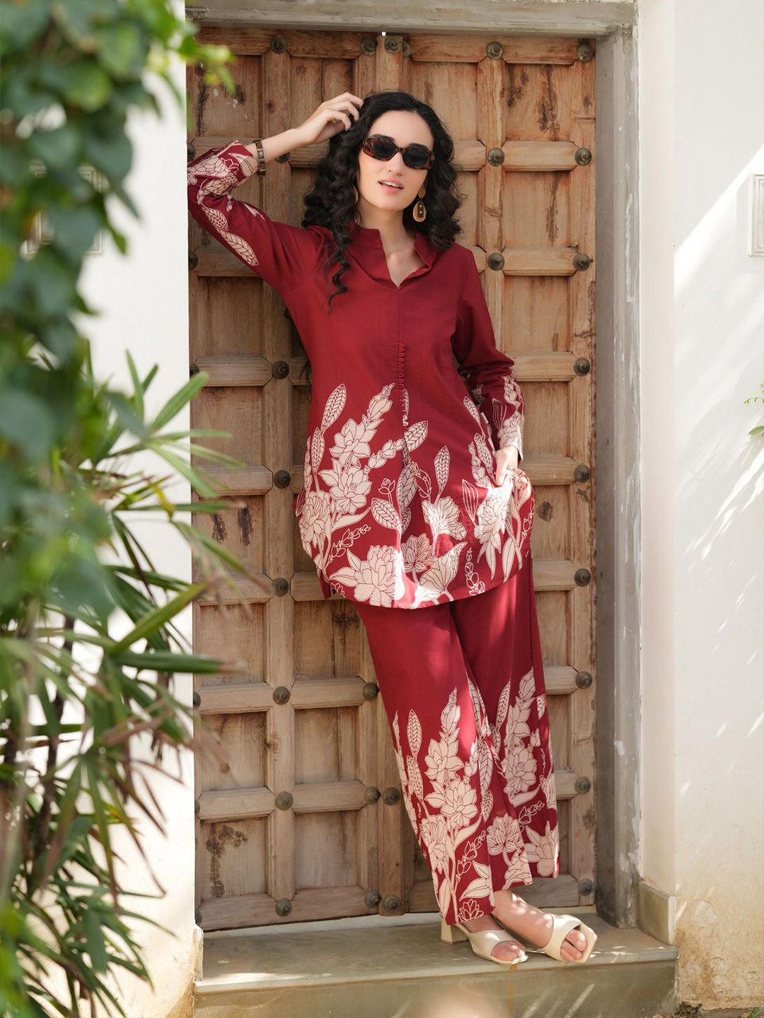 Red Printed Cotton Co-Ord Set – Mandarin Collar – Printed