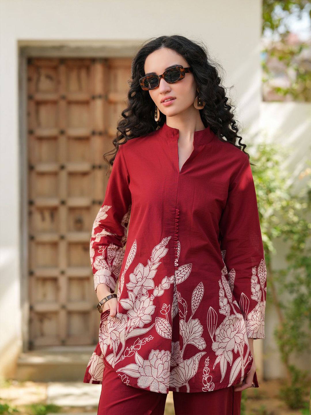 Red Printed Cotton Co-Ord Set – Mandarin Collar – Printed