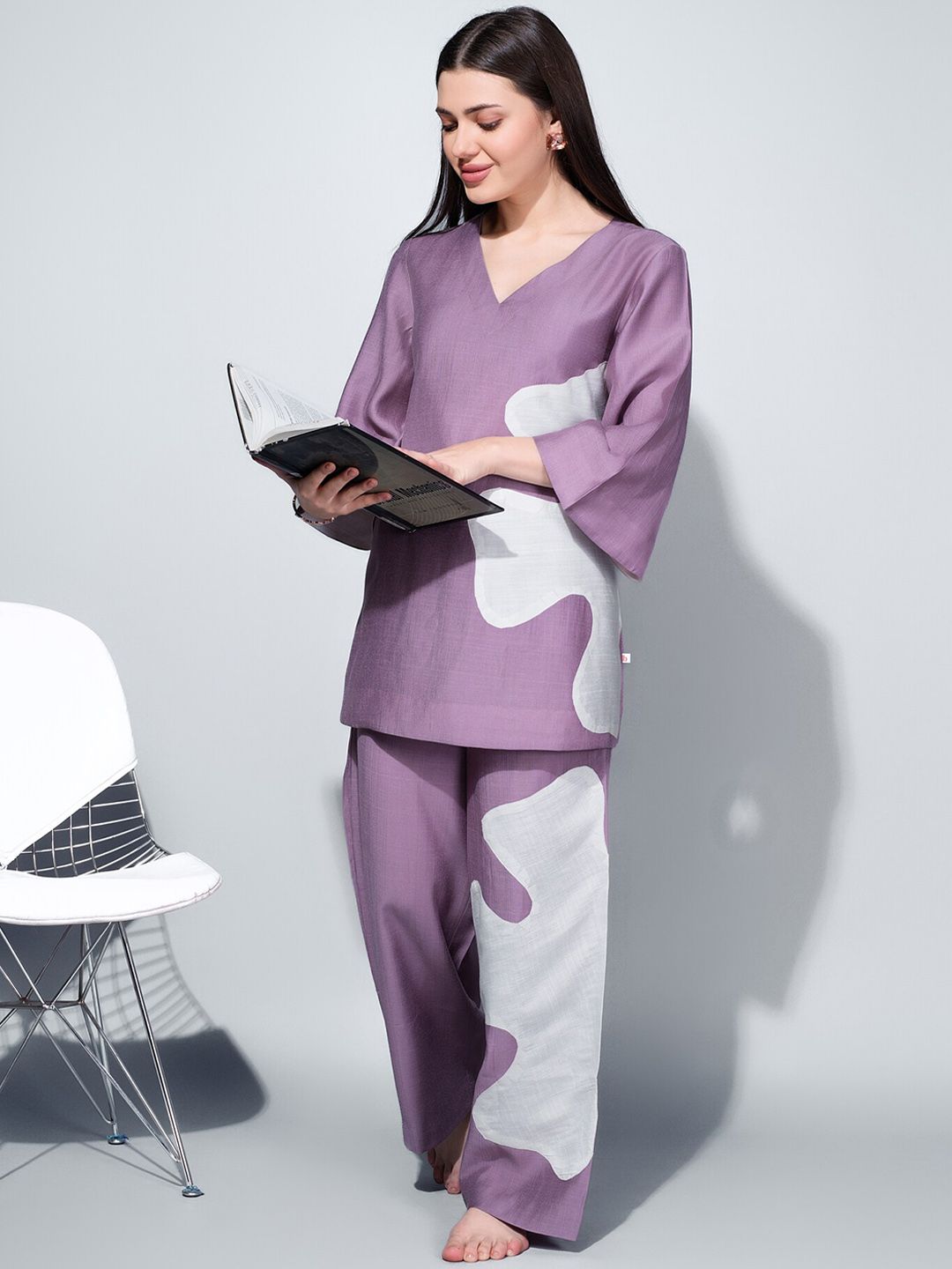 Purple & White Viscose Rayon Night Suit – V-Neck – Applique Detail