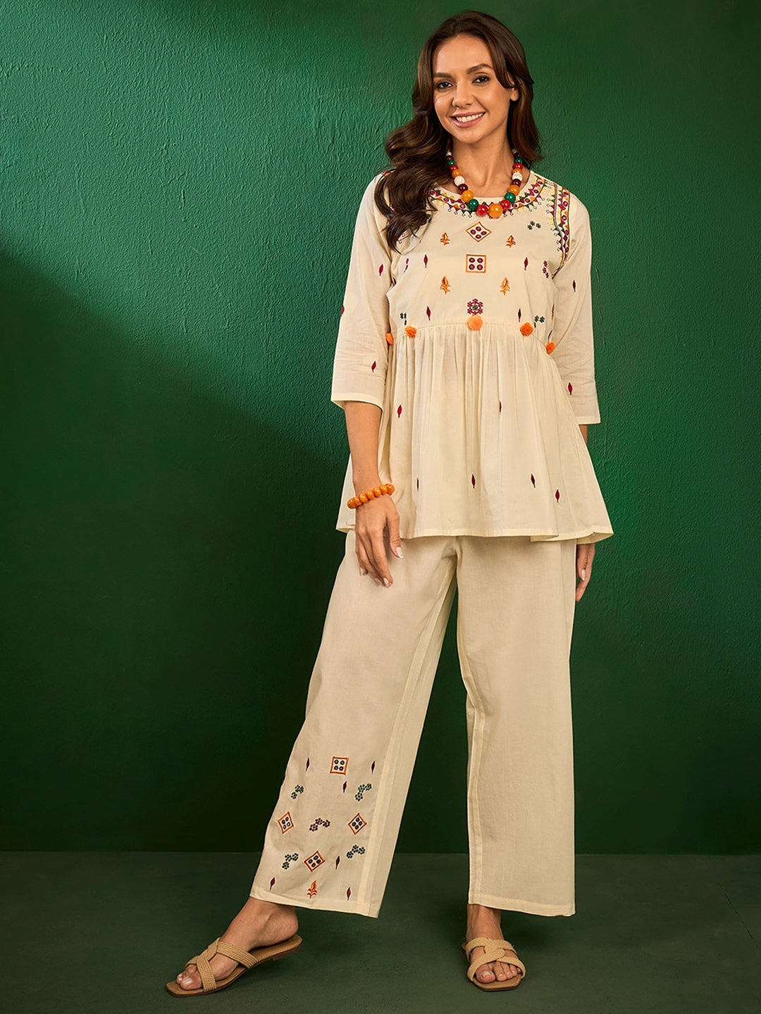 Off White Embroidered Pure Cotton Co-Ord Set – Round Neck – Floral Embroidery