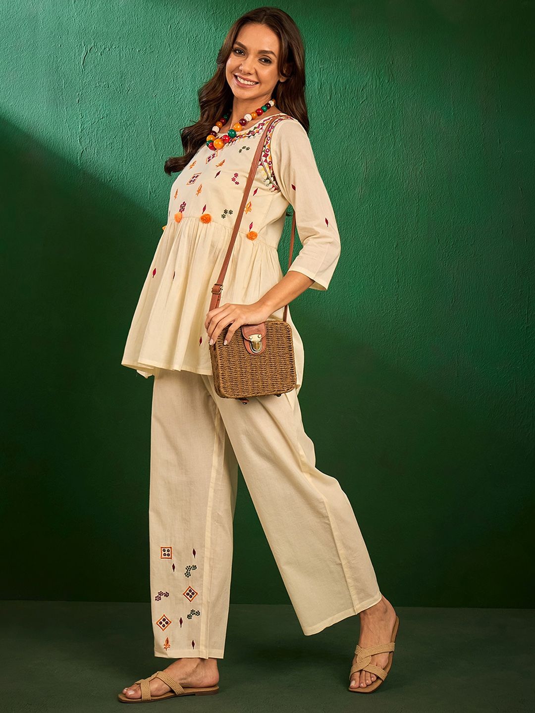 Off White Embroidered Pure Cotton Co-Ord Set – Round Neck – Floral Embroidery