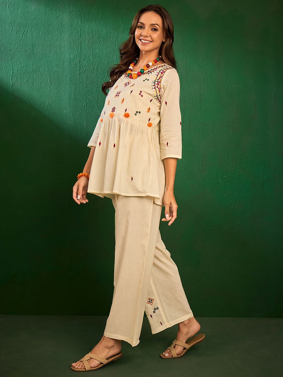 Off White Embroidered Pure Cotton Co-Ord Set – Round Neck – Floral Embroidery
