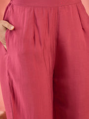 Pink Embroidered Silk Blend Co-Ord Set – V-Neck – Floral Embroidery