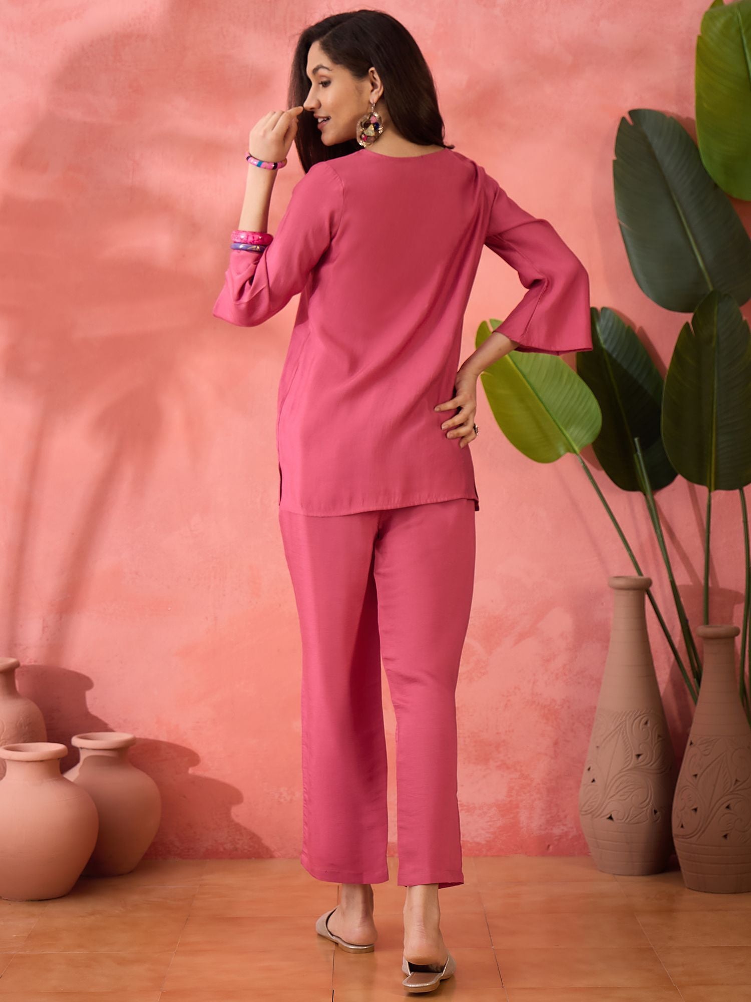 Pink Embroidered Silk Blend Co-Ord Set – V-Neck – Floral Embroidery
