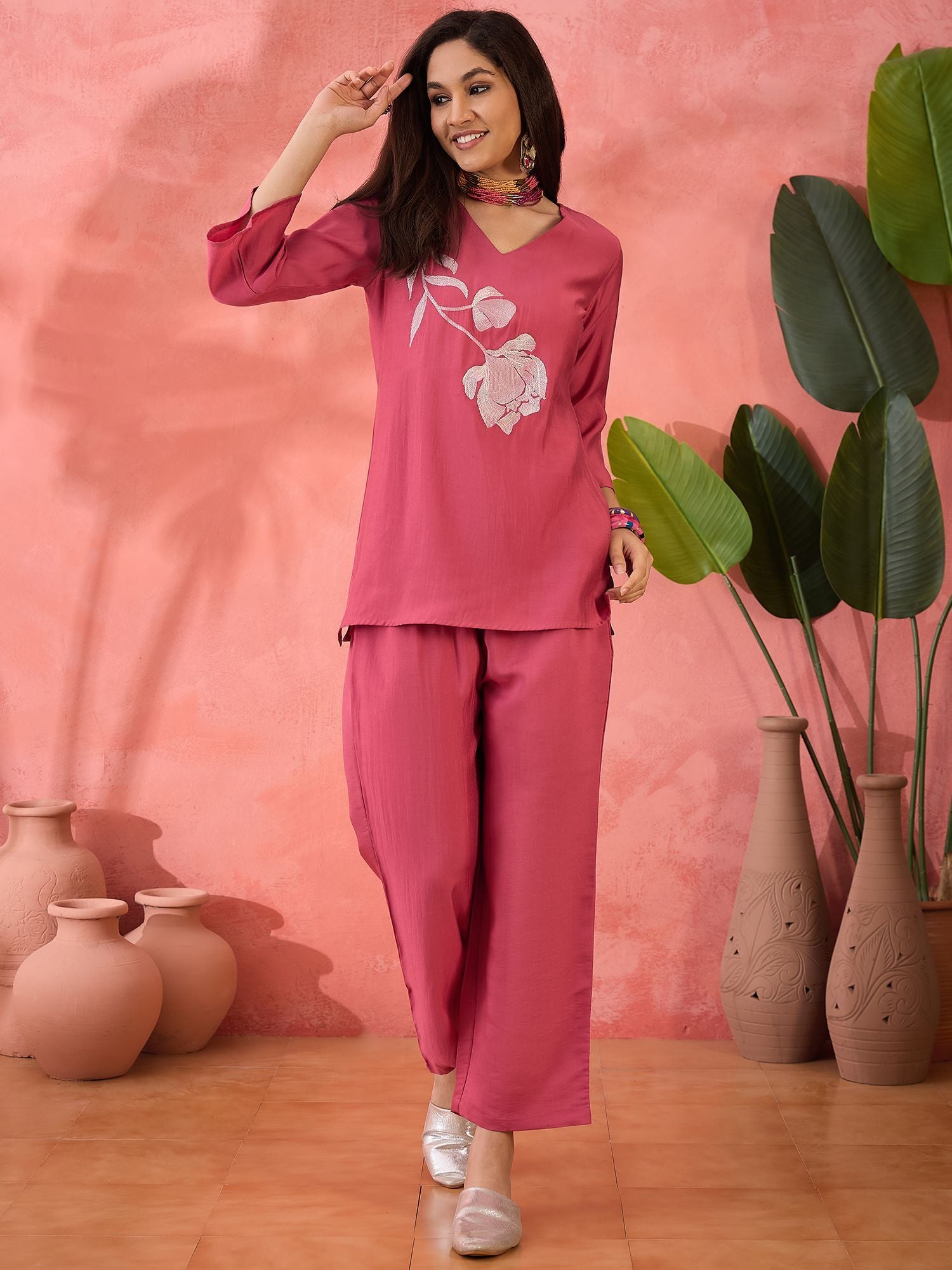 Pink Embroidered Silk Blend Co-Ord Set – V-Neck – Floral Embroidery