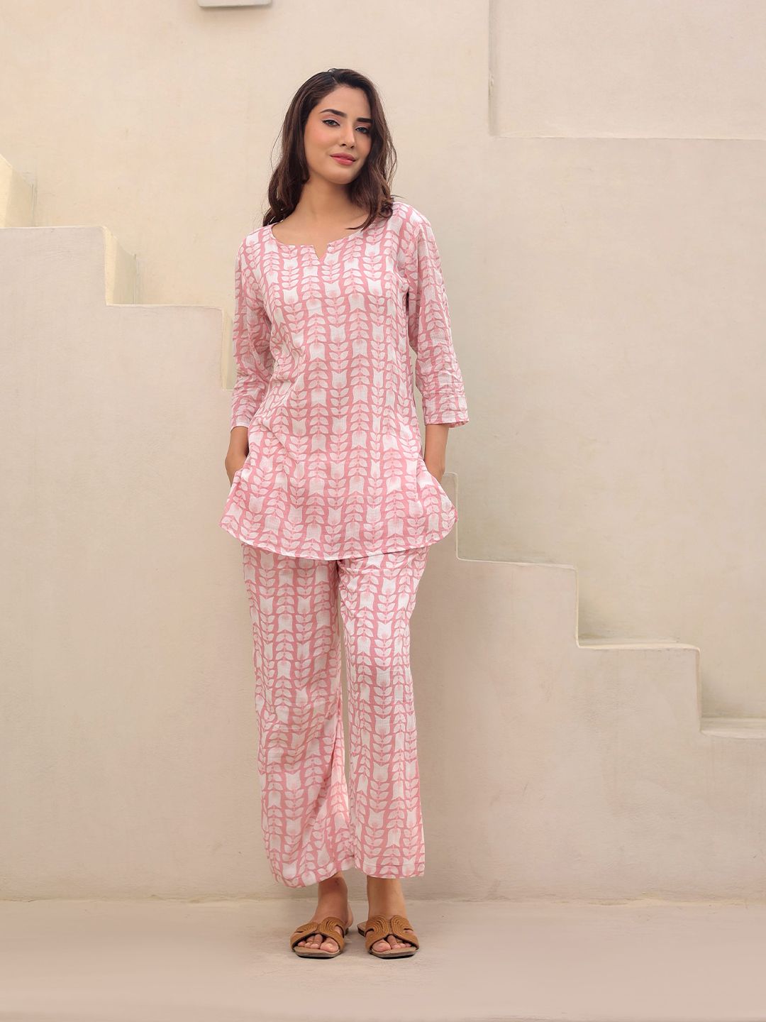 Pink & White Printed Pure Cotton Tunic & Trousers Set – Notch Neck – Casual