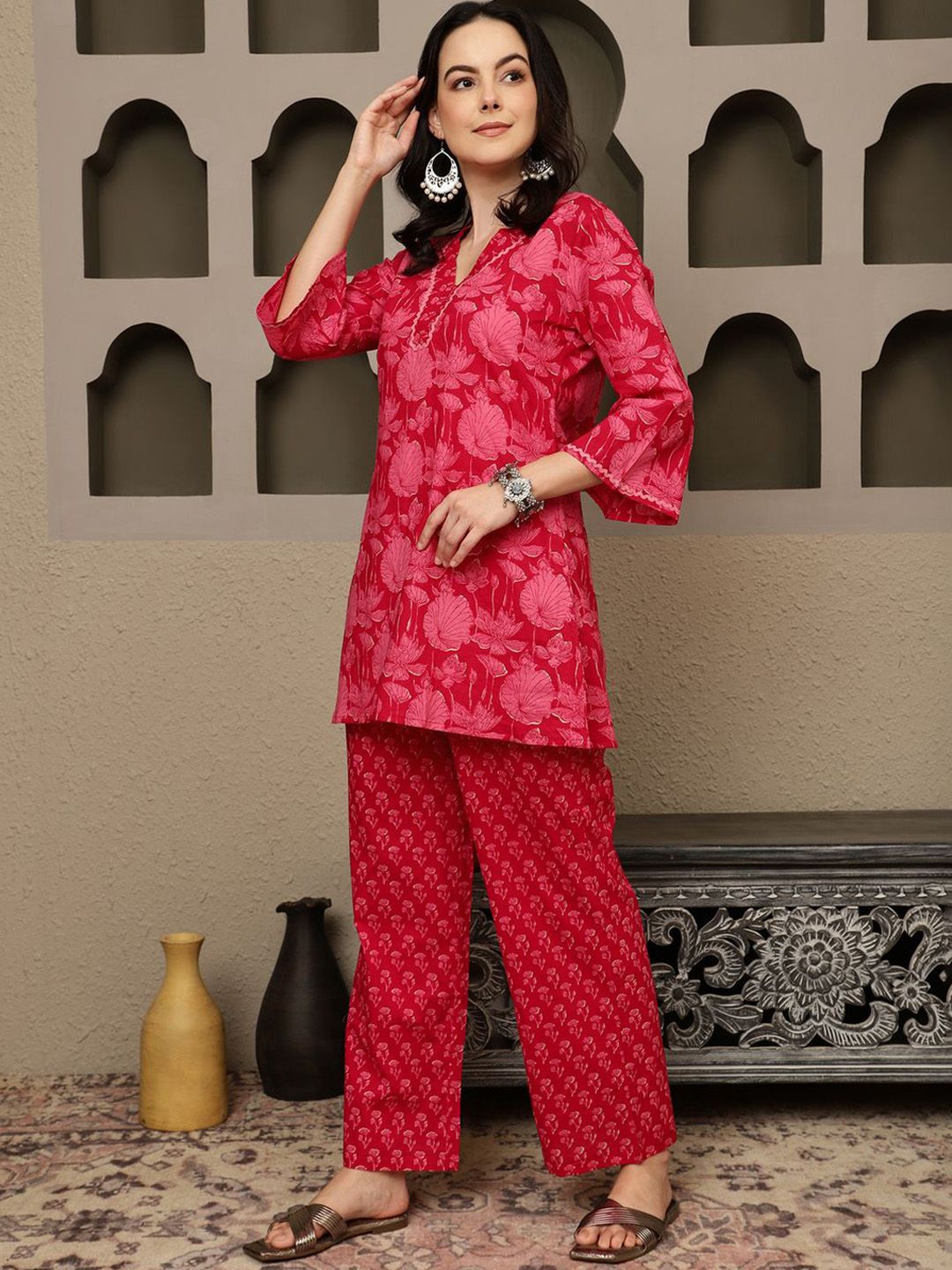 Red Printed Pure Cotton Co-Ord Set – V-Neck – Three-Quarter Sleeves