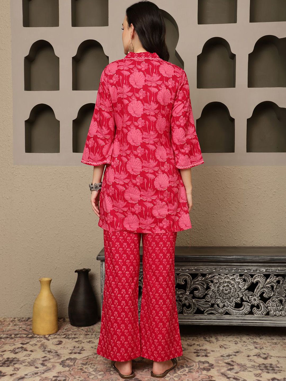 Red Printed Pure Cotton Co-Ord Set – V-Neck – Three-Quarter Sleeves
