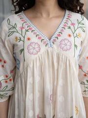 Off White Empire Cotton Dress – V-Neck – Floral Embroidered
