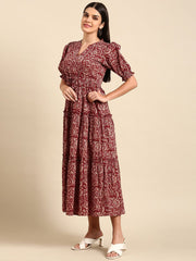 Red Floral A-Line Cotton Midi Dress – V-Neck – Puff Sleeves