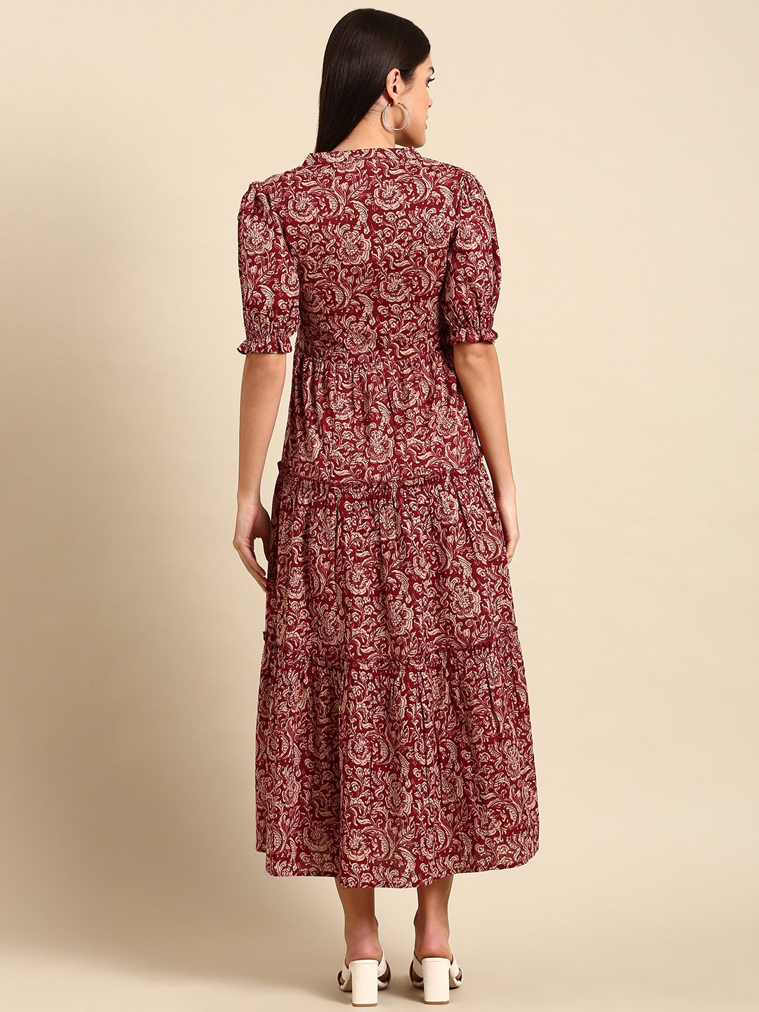 Red Floral A-Line Cotton Midi Dress – V-Neck – Puff Sleeves