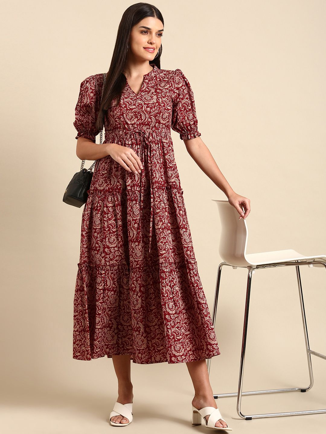 Red Floral A-Line Cotton Midi Dress – V-Neck – Puff Sleeves