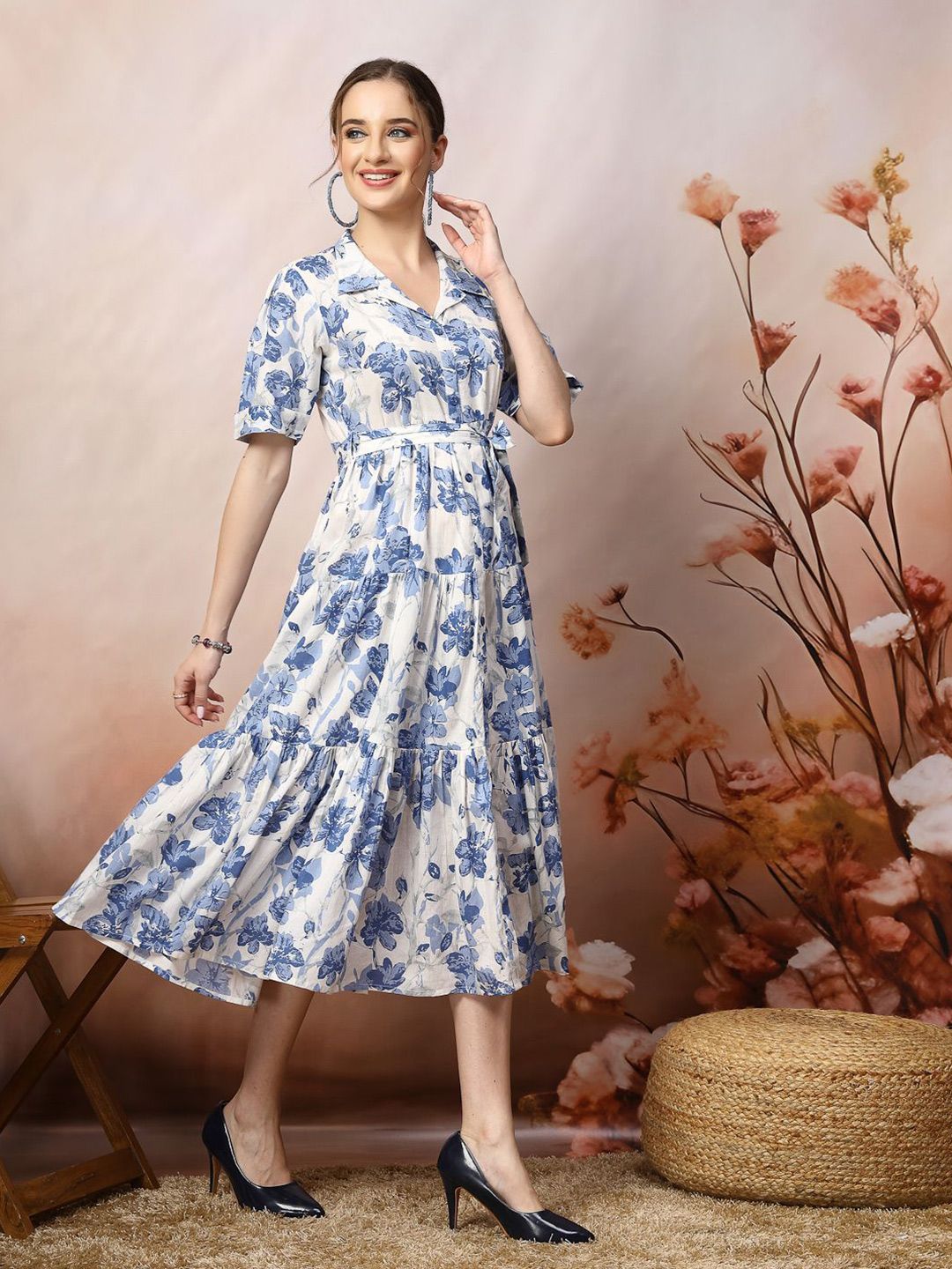 Blue Floral Print Cotton Maxi Dress – Shirt Collar – Gathered Detail