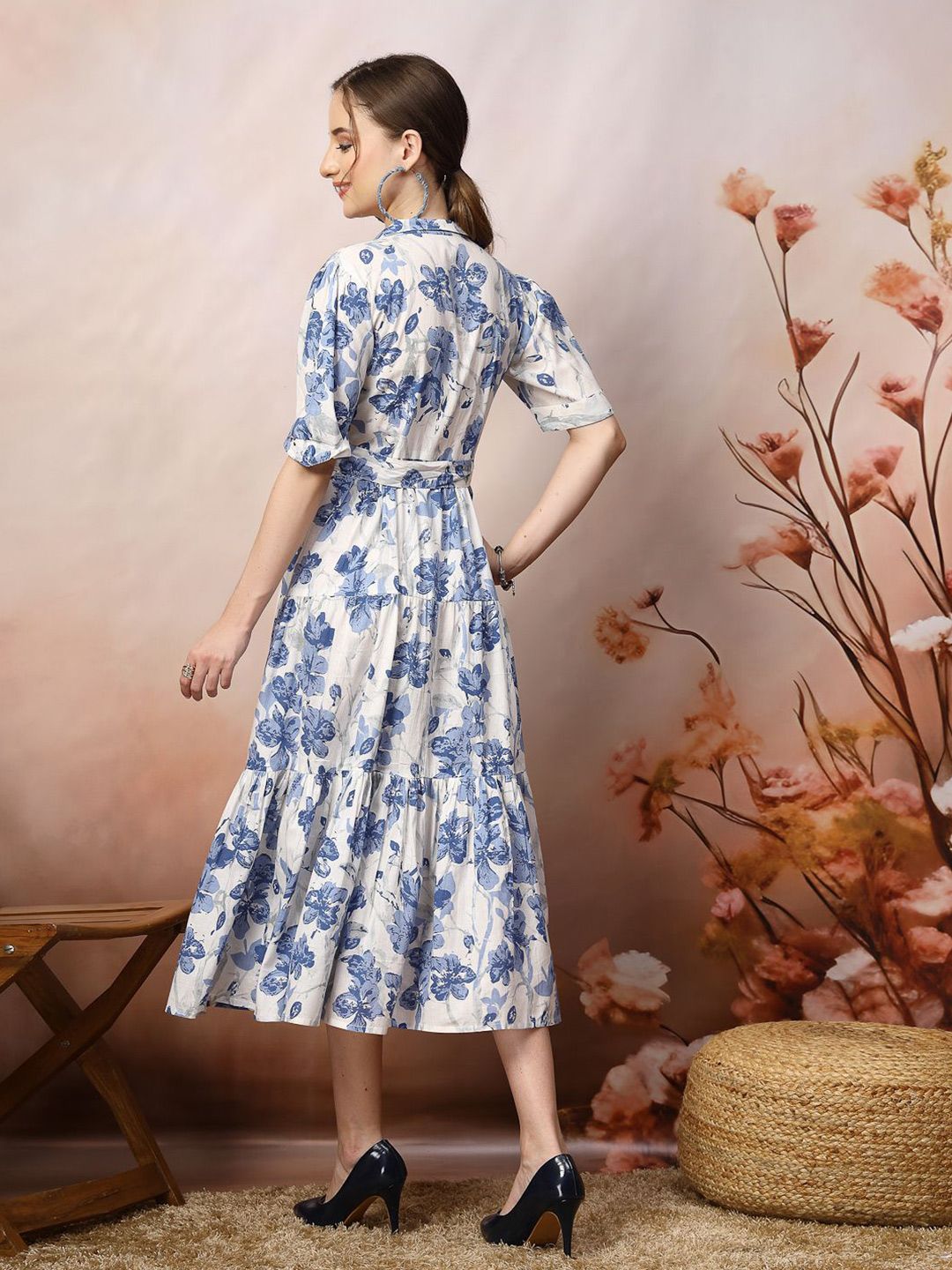 Blue Floral Print Cotton Maxi Dress – Shirt Collar – Gathered Detail
