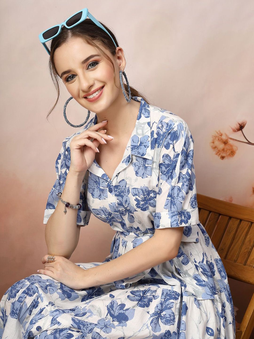 Blue Floral Print Cotton Maxi Dress – Shirt Collar – Gathered Detail