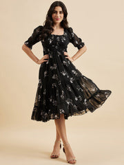 Black Floral Fit & Flare Georgette Dress – Square Neck – Puff Sleeves