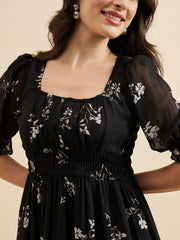 Black Floral Fit & Flare Georgette Dress – Square Neck – Puff Sleeves