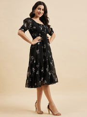 Black Floral Fit & Flare Georgette Dress – Square Neck – Puff Sleeves