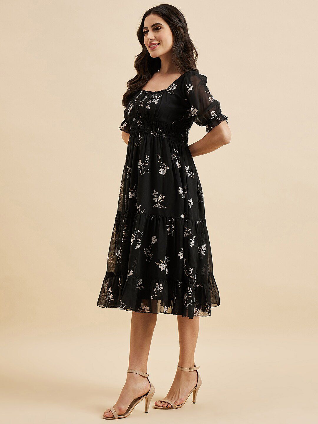 Black Floral Fit & Flare Georgette Dress – Square Neck – Puff Sleeves