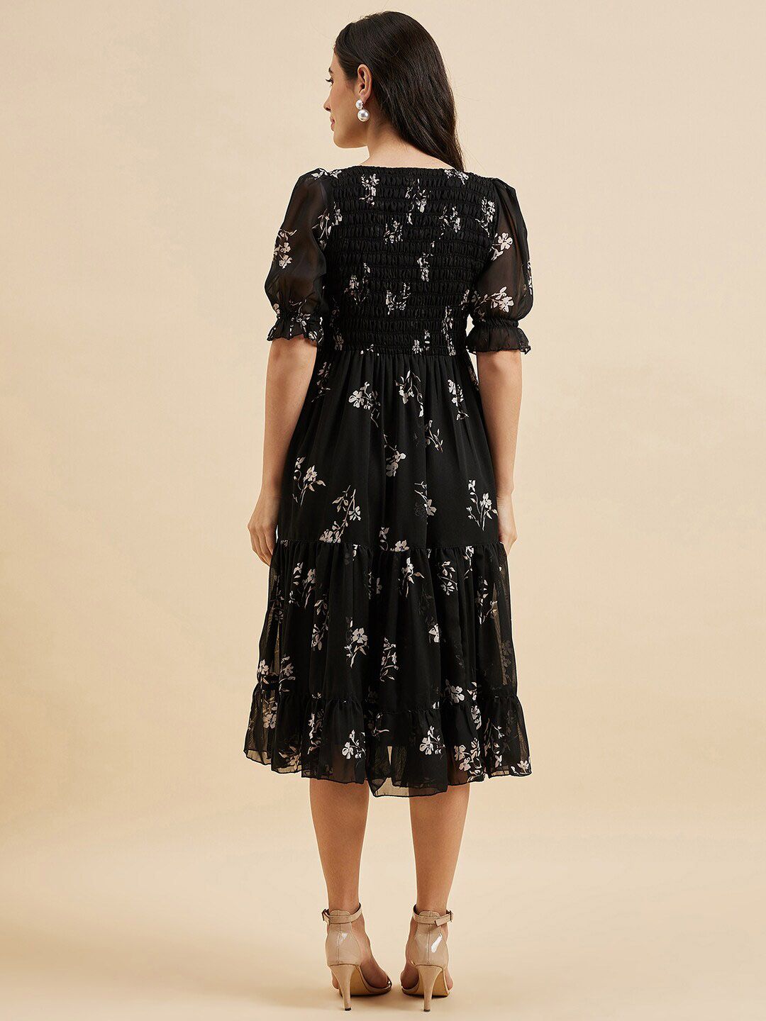 Black Floral Fit & Flare Georgette Dress – Square Neck – Puff Sleeves