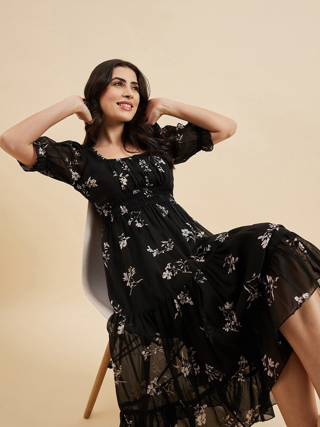 Black Floral Fit & Flare Georgette Dress – Square Neck – Puff Sleeves