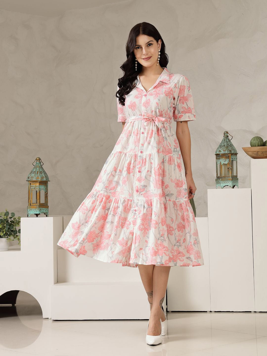 Pink Floral Print Cotton Midi Dress – V-Neck – Gathered Detail