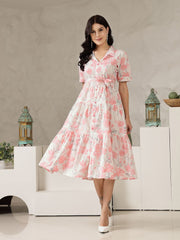 Pink Floral Print Cotton Midi Dress – V-Neck – Gathered Detail