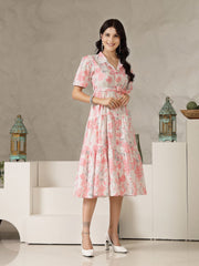 Pink Floral Print Cotton Midi Dress – V-Neck – Gathered Detail