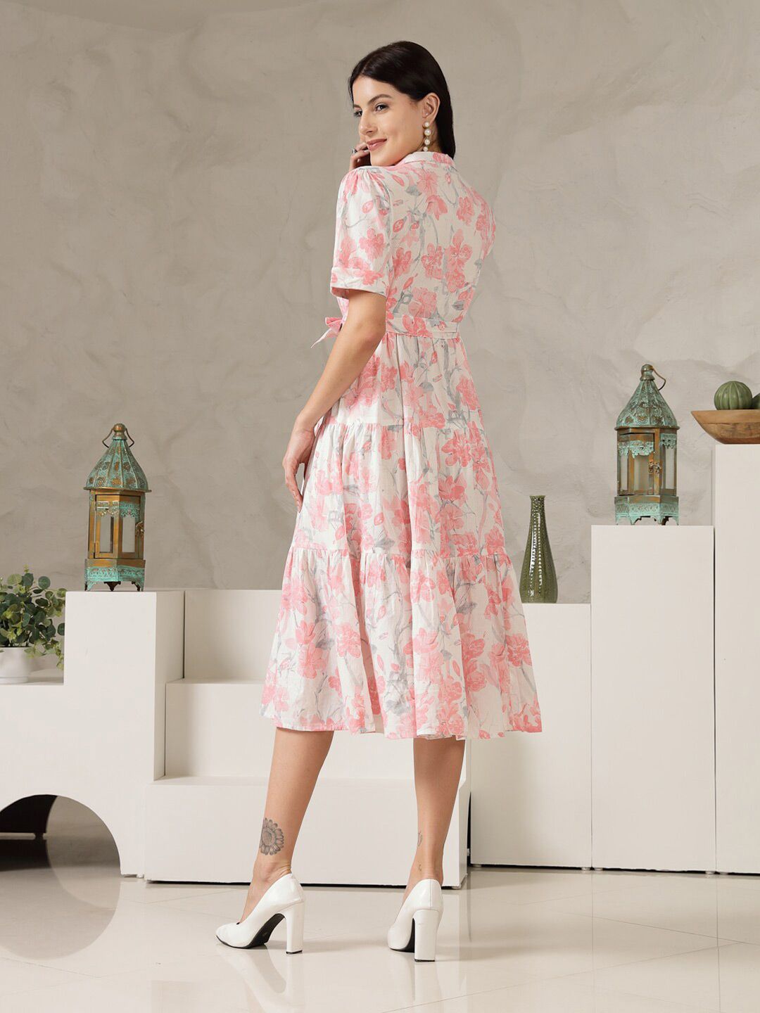 Pink Floral Print Cotton Midi Dress – V-Neck – Gathered Detail