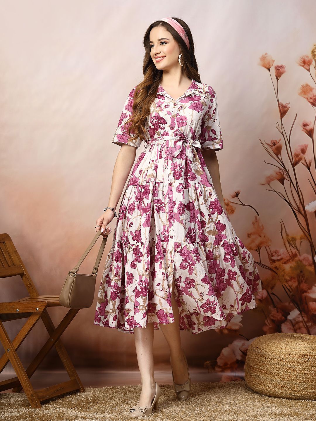 Magenta Floral Fit & Flare Cotton Maxi Dress – Shirt Collar – Gathered Detail
